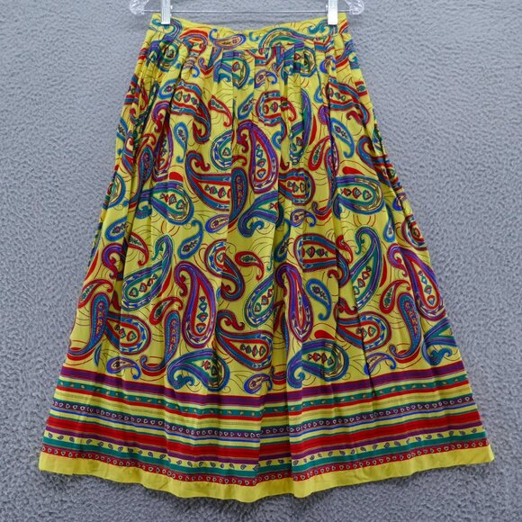 Chaus Womens Vintage Paisley Print Skirt 12 Yellow Red Blue Pleated Midi - Picture 2 of 11
